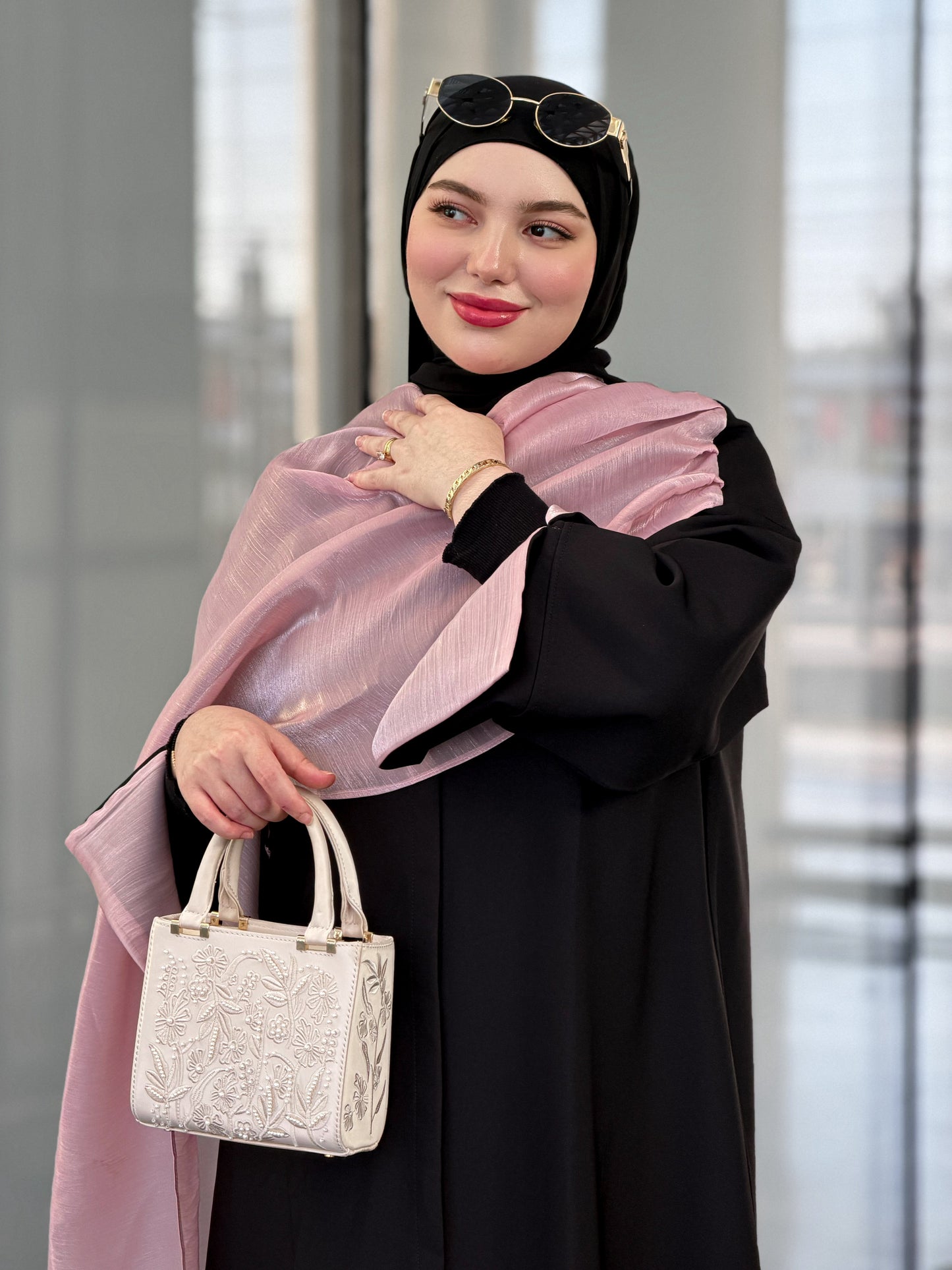 Abaya pink écharpe organza premimum Ramadab Aïd🩷