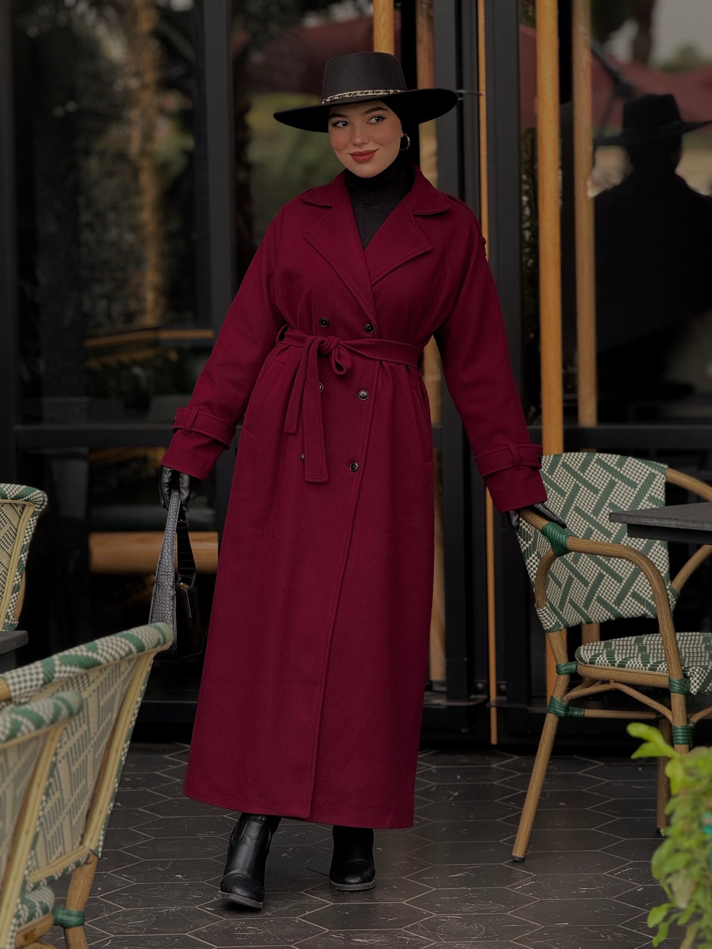 Baline - manteau bordeau en vrai cachemire avec doubleur