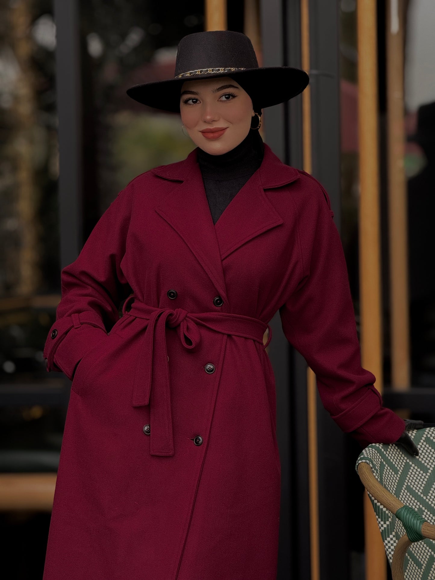 Baline - manteau bordeau en vrai cachemire avec doubleur