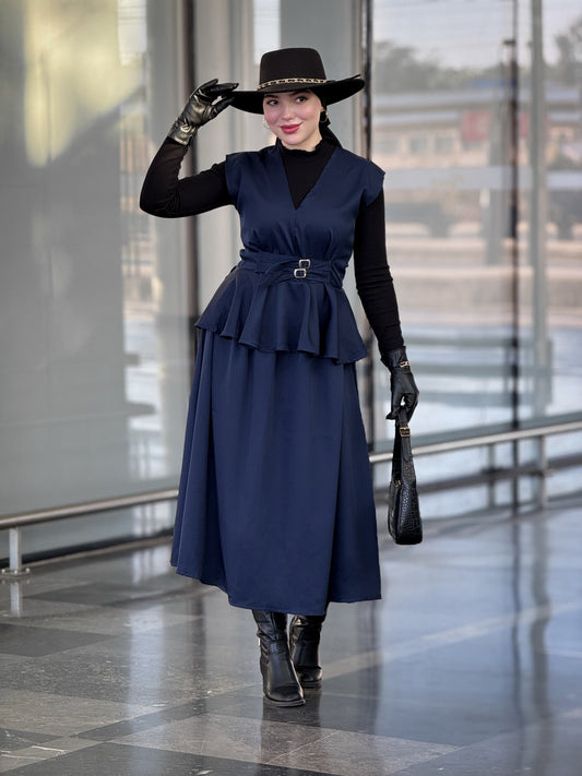 Ensemble jupe+Gilet longue Bleu nuit