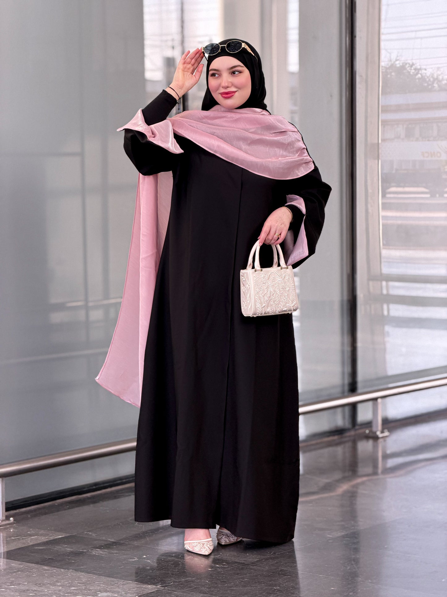 Abaya pink écharpe organza premimum Ramadab Aïd🩷