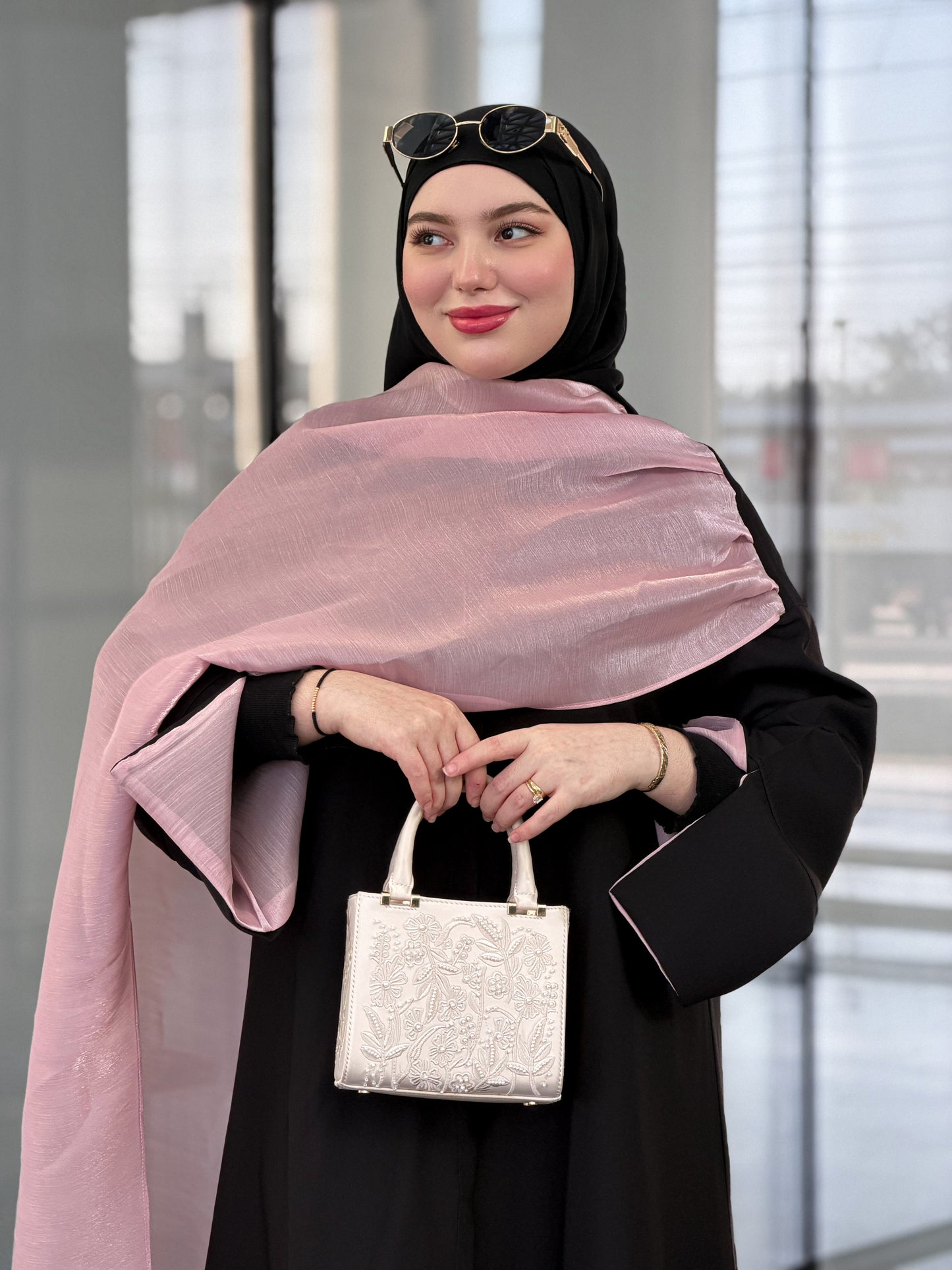 Abaya pink écharpe organza premimum Ramadab Aïd🩷